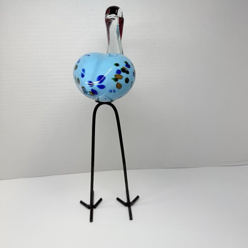 Hand Blown Murano Style Art Glass Turquoise Speckled Bird With Tall Metal Legs - Picture 2 of 10